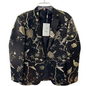 Mens Black & Gold Floral Embroidered Satin Blazer Jacket Size 36